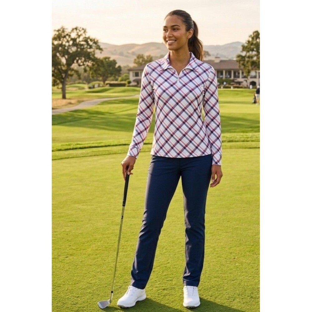 JACK SMITH Womens XL Golf Shirt Long Sleeve Quarter Zip Plaid Red Navy White